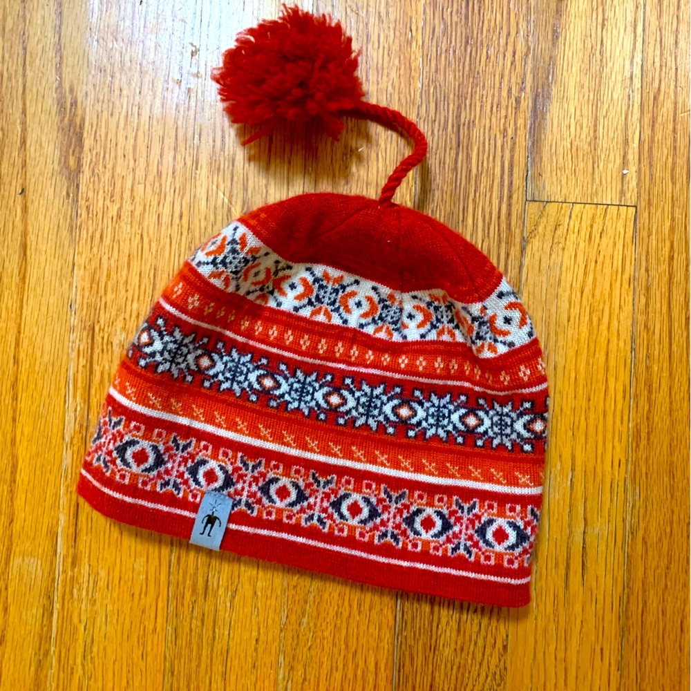 Red Patterned Knit Pompom Winter Hat